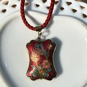 Vintage Butterfly Flower Cloisonné Enamel Womens  Necklace 26”